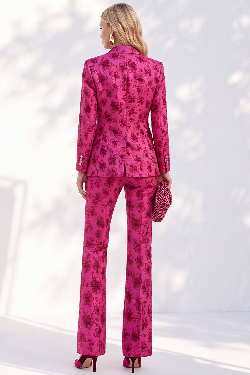 Load image into Gallery viewer, Fuchsia Single Breasted Peak Lapel 2-Piece Slim Fit Floral Prom Suits