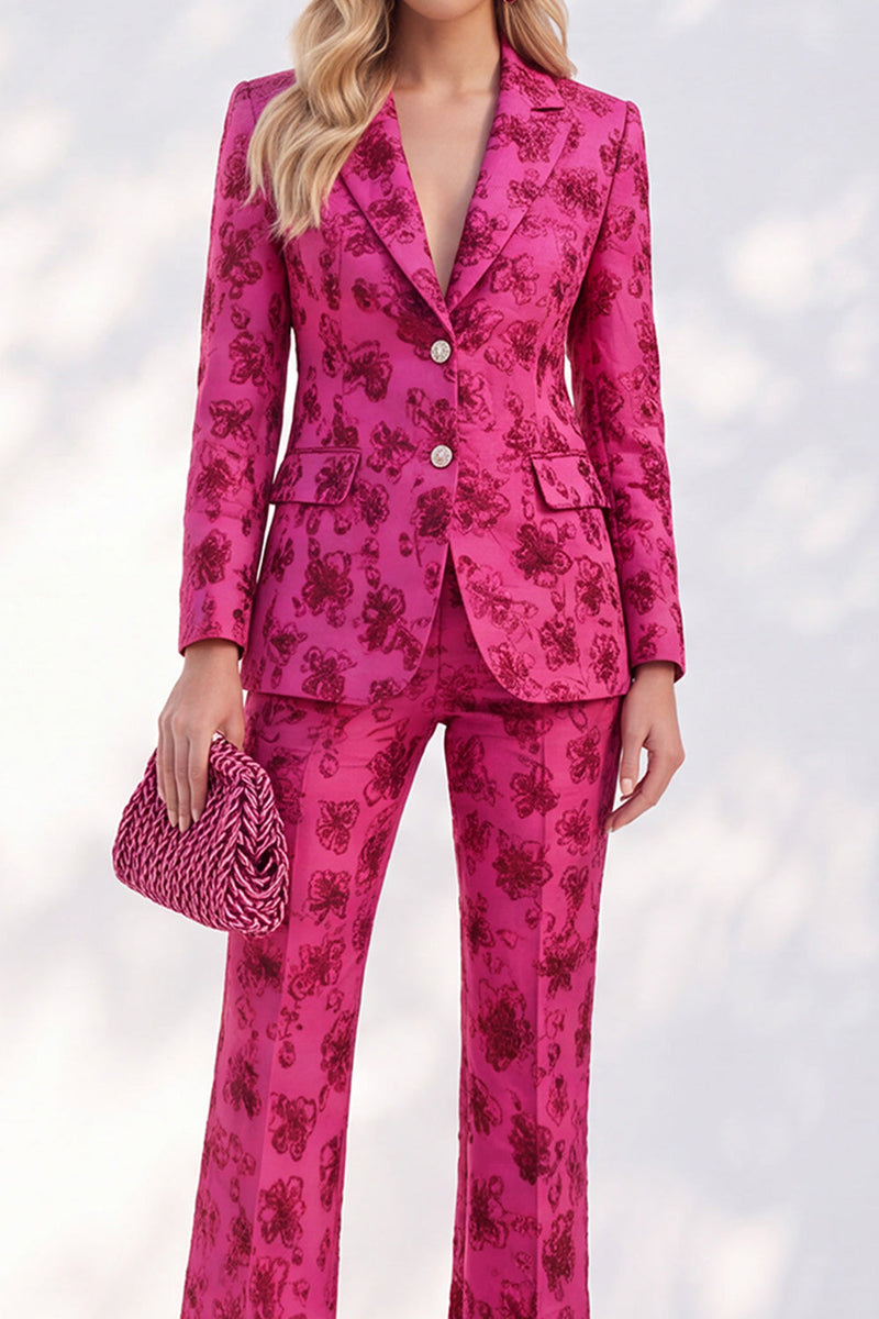 Load image into Gallery viewer, Fuchsia Single Breasted Peak Lapel 2-Piece Slim Fit Floral Prom Suits