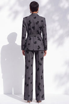Striped Dark Grey Peak Lapel 2-Piece Floral Prom Suits with Sash