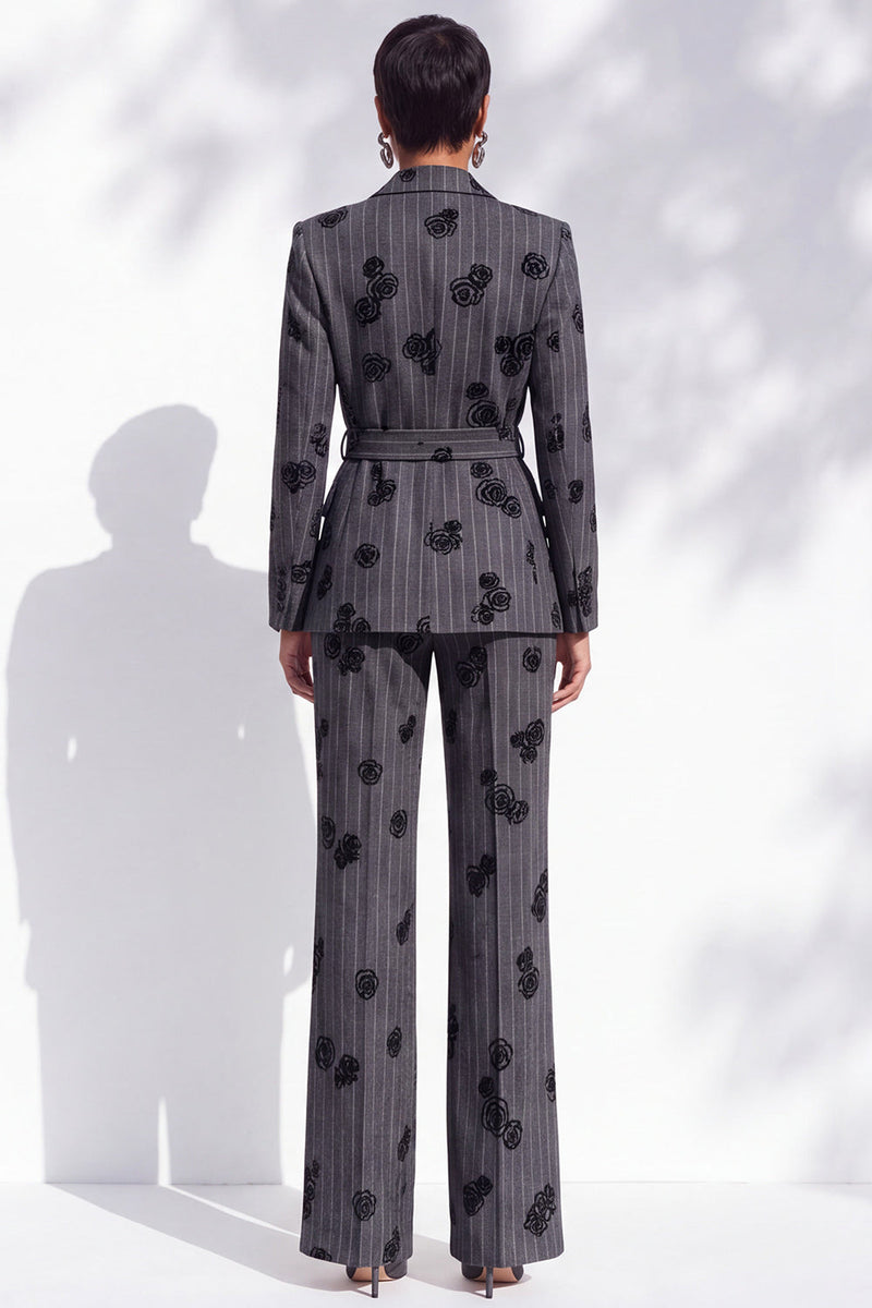 Load image into Gallery viewer, Striped Dark Grey Peak Lapel 2-Piece Floral Prom Suits with Sash