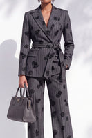 Load image into Gallery viewer, Striped Dark Grey Peak Lapel 2-Piece Floral Prom Suits with Sash