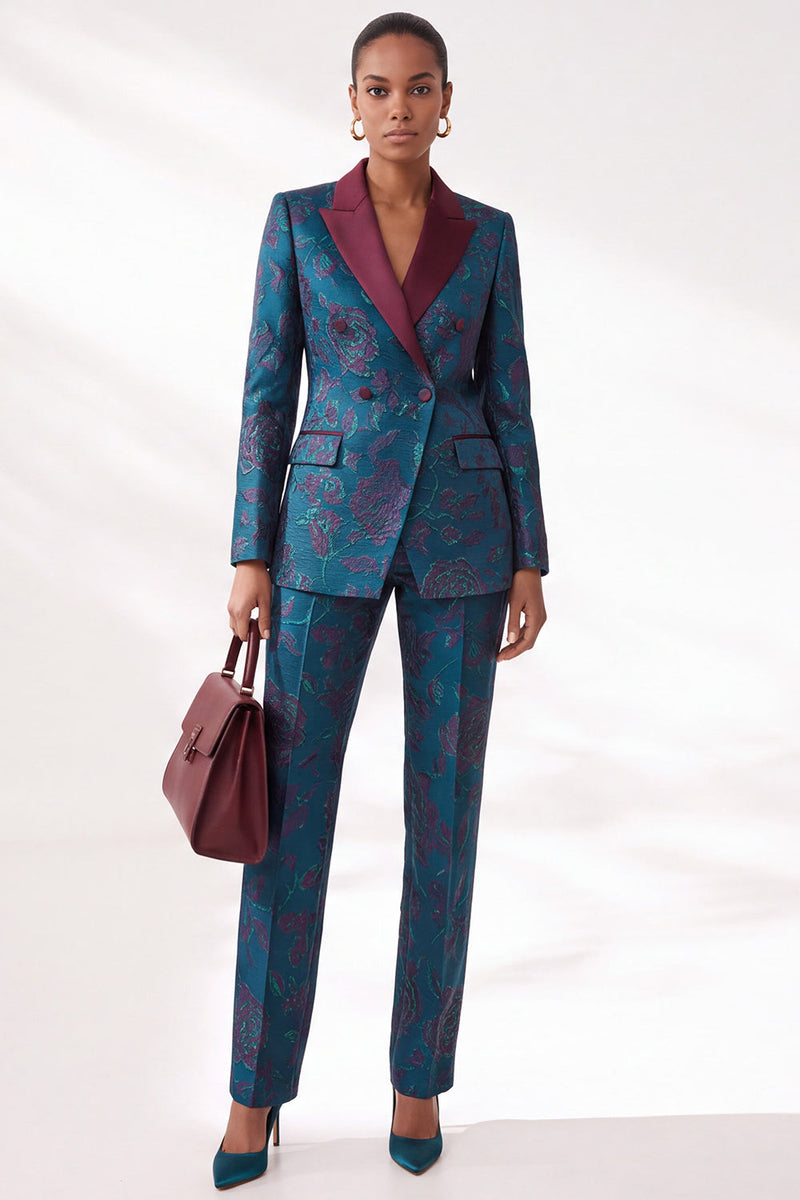 Load image into Gallery viewer, Dark Blue Peak Lapel Jacquard Slim Fit 2-Piece Floral Prom Suits