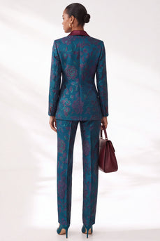 Dark Blue Peak Lapel Jacquard Slim Fit 2-Piece Floral Prom Suits