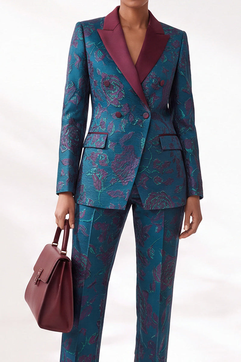 Load image into Gallery viewer, Dark Blue Peak Lapel Jacquard Slim Fit 2-Piece Floral Prom Suits