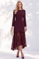 Load image into Gallery viewer, Burgundy Bateau Neck A Line Long Sleeves High-Low Work Dress with Lace