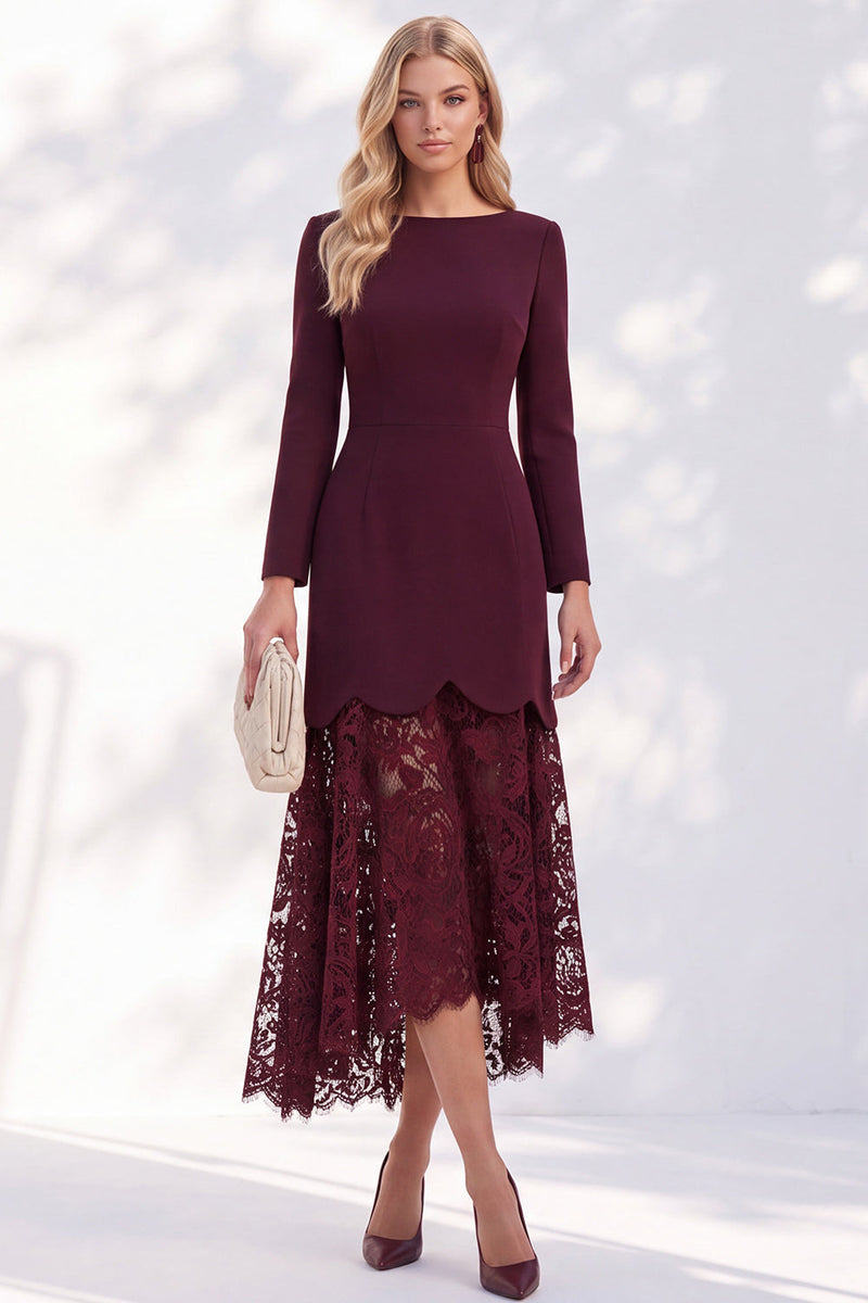 Load image into Gallery viewer, Burgundy Bateau Neck A Line Long Sleeves High-Low Work Dress with Lace
