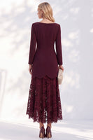 Load image into Gallery viewer, Burgundy Bateau Neck A Line Long Sleeves High-Low Work Dress with Lace