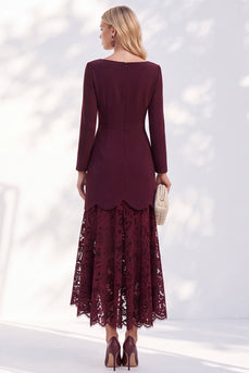 Burgundy Bateau Neck A Line Long Sleeves High-Low Work Dress with Lace