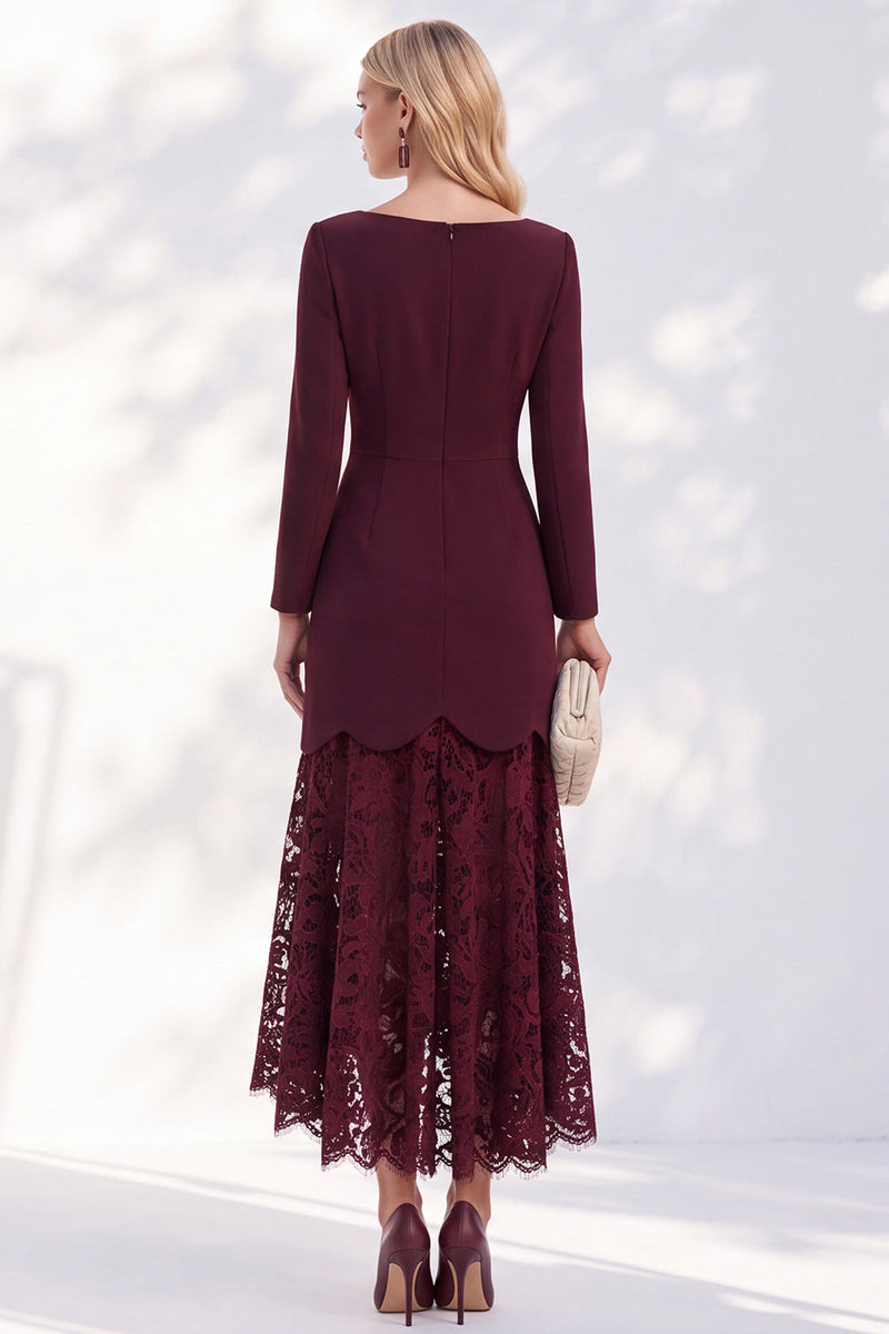 Load image into Gallery viewer, Burgundy Bateau Neck A Line Long Sleeves High-Low Work Dress with Lace