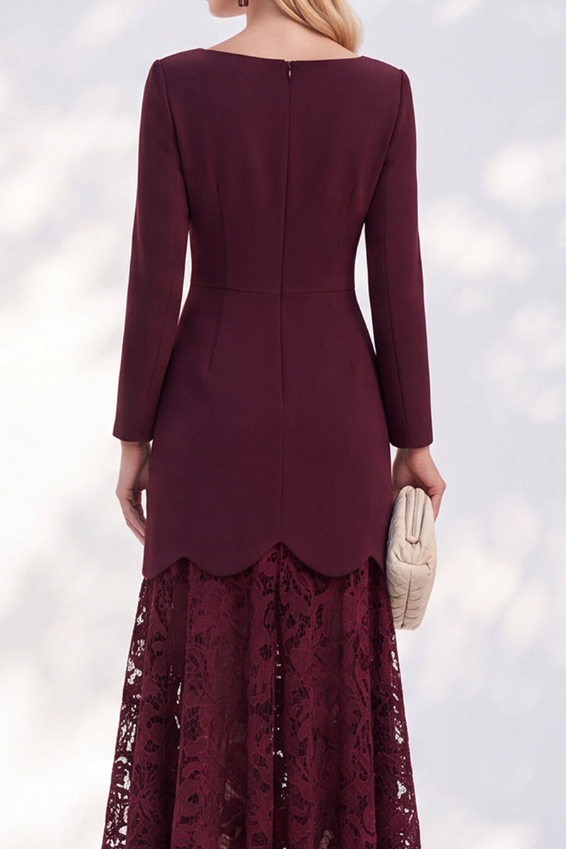 Load image into Gallery viewer, Burgundy Bateau Neck A Line Long Sleeves High-Low Work Dress with Lace