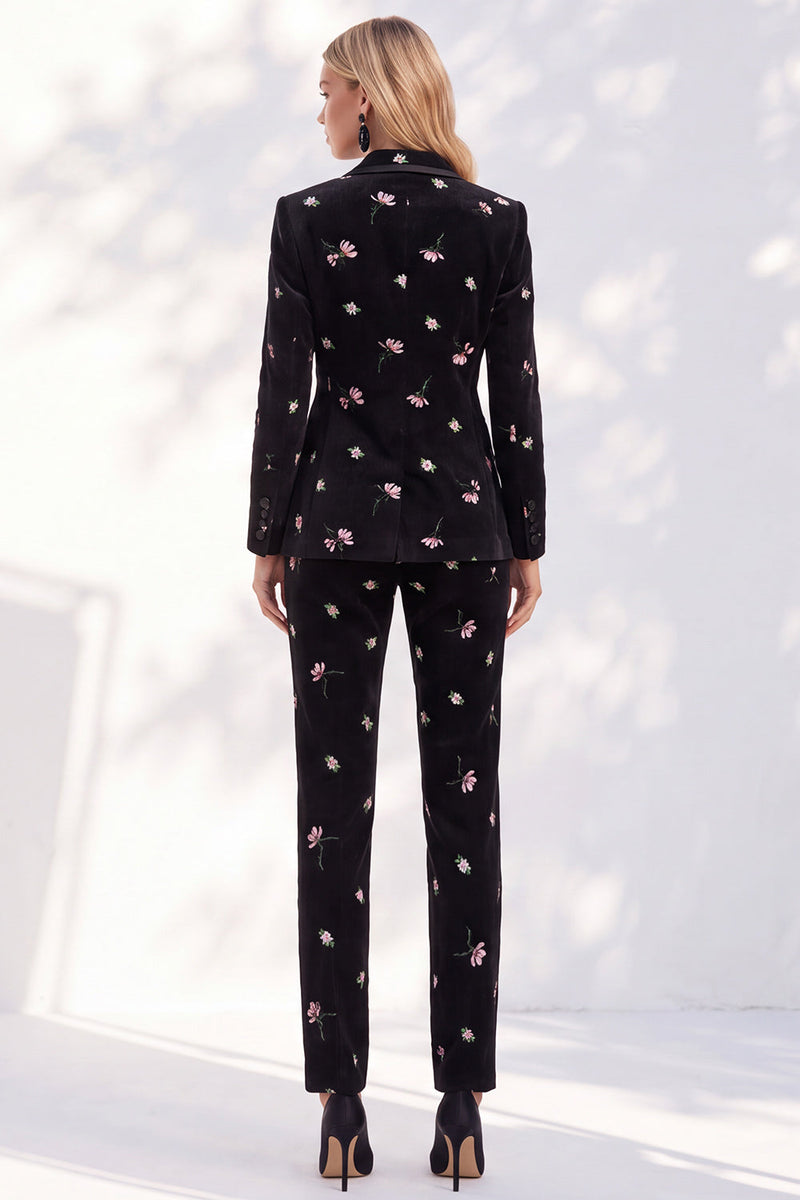 Load image into Gallery viewer, Floral Black Slim Fit Peak Lapel 2-Piece Velvet Prom Suits