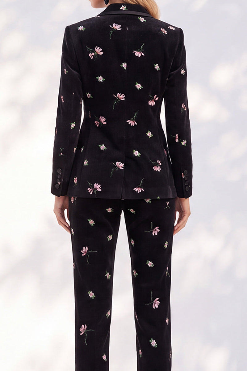 Load image into Gallery viewer, Floral Black Slim Fit Peak Lapel 2-Piece Velvet Prom Suits