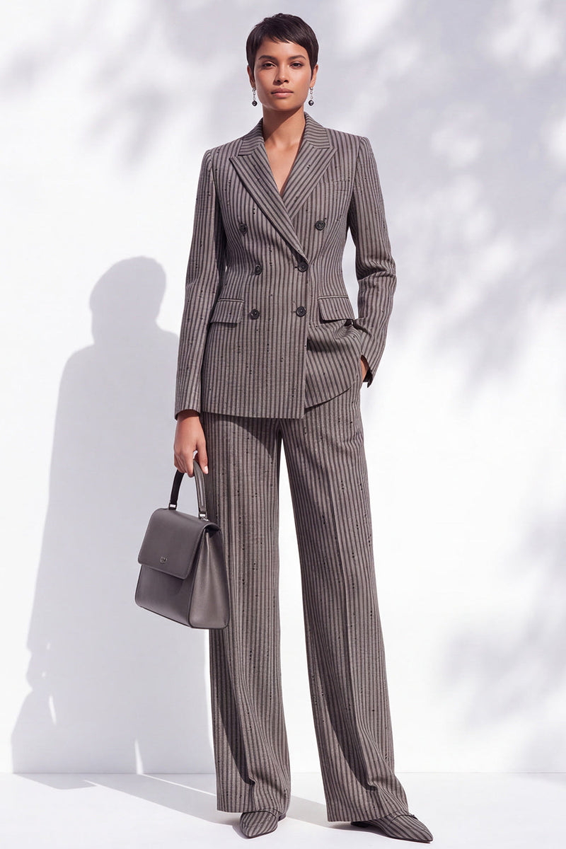 Load image into Gallery viewer, Brown StripedPeak Lapel  Double Breasted 2-Piece Business Suits with Pocket