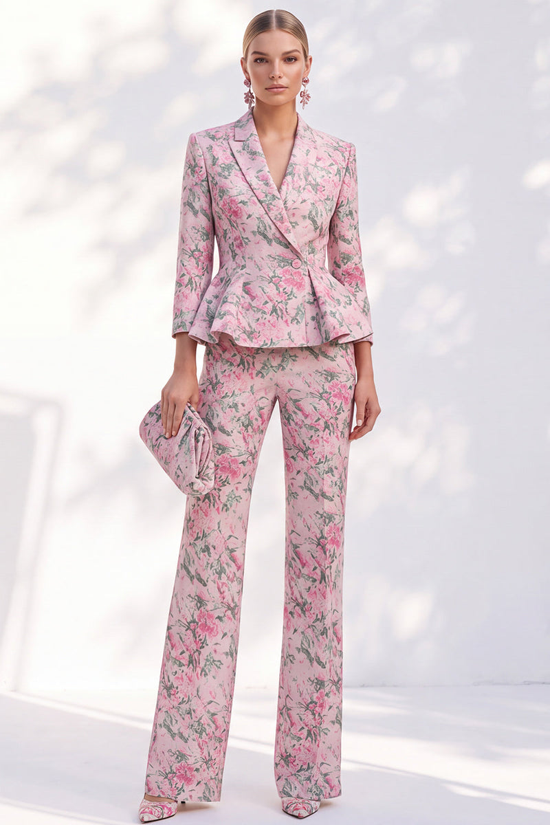 Load image into Gallery viewer, Pink Peak Lapel 2-Piece Floral Peplum Ruffled Prom Suits with Sleeves