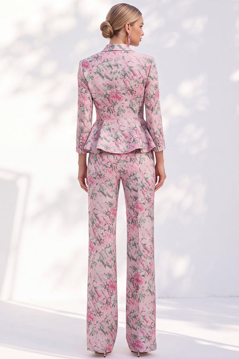 Load image into Gallery viewer, Pink Peak Lapel 2-Piece Floral Peplum Ruffled Prom Suits with Sleeves