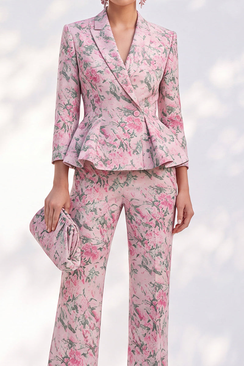 Load image into Gallery viewer, Pink Peak Lapel 2-Piece Floral Peplum Ruffled Prom Suits with Sleeves