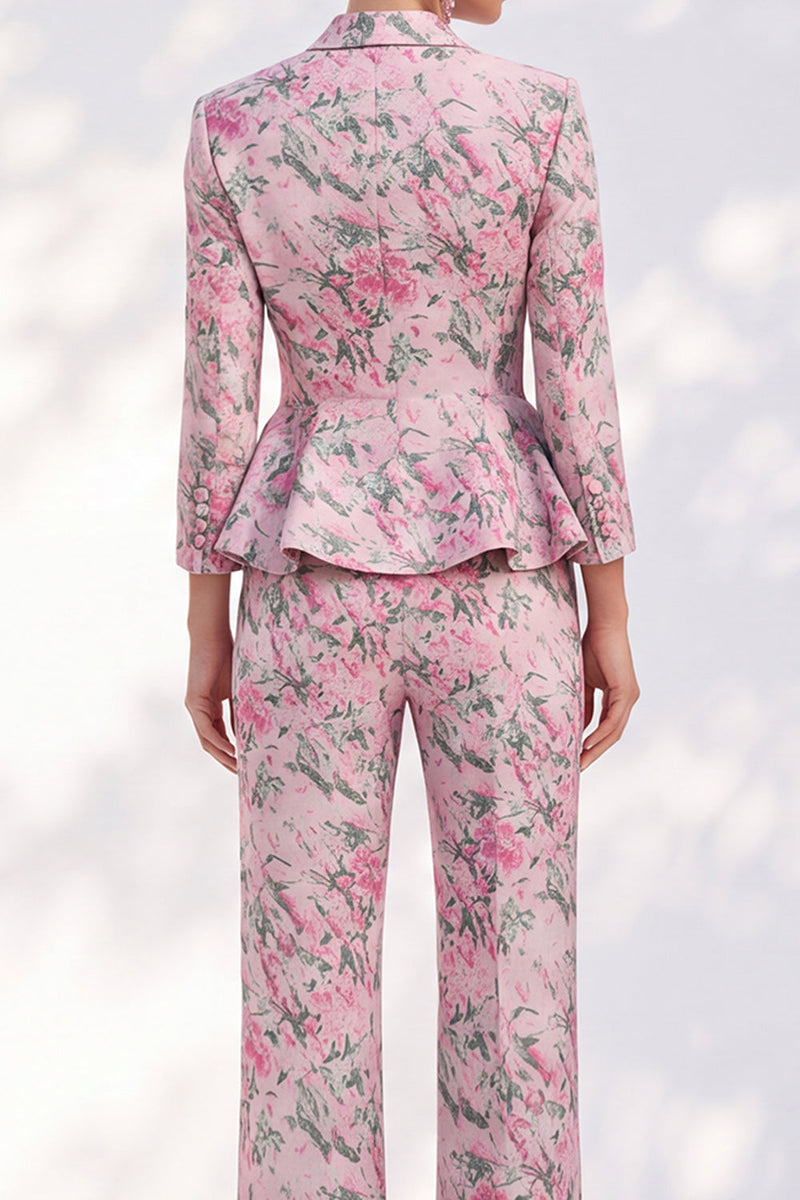 Load image into Gallery viewer, Pink Peak Lapel 2-Piece Floral Peplum Ruffled Prom Suits with Sleeves