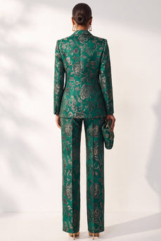Floral Dark Green Jacquard 2-Piece Peak Lapel Prom Suits with Pocket