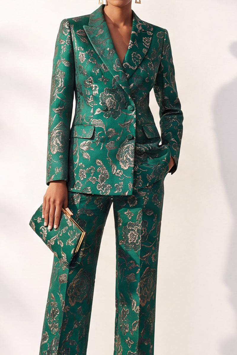 Load image into Gallery viewer, Floral Dark Green Jacquard 2-Piece Peak Lapel Prom Suits with Pocket