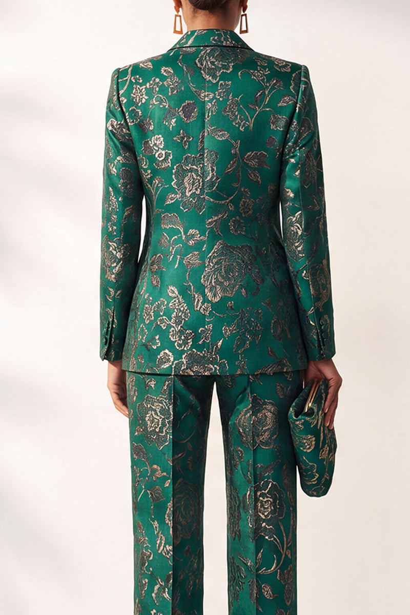 Load image into Gallery viewer, Floral Dark Green Jacquard 2-Piece Peak Lapel Prom Suits with Pocket