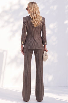 Brown Striped 2-Piece Peak Lapel Double Breasted Business Suits with Pocket