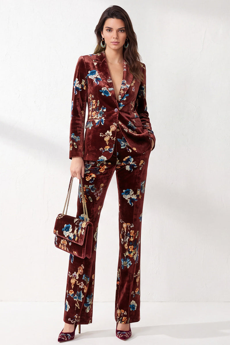 Load image into Gallery viewer, Rust Floral Peak Lapel 2-Piece Velvet Prom Suits with Pocket