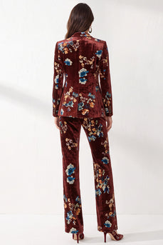 Rust Floral Peak Lapel 2-Piece Velvet Prom Suits with Pocket