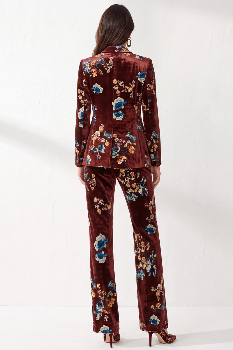 Load image into Gallery viewer, Rust Floral Peak Lapel 2-Piece Velvet Prom Suits with Pocket