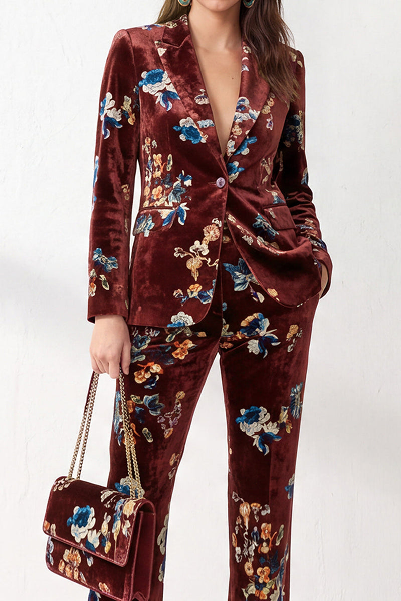 Load image into Gallery viewer, Rust Floral Peak Lapel 2-Piece Velvet Prom Suits with Pocket