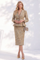 Load image into Gallery viewer, Golden V-Neck Tweed Bodycon 2-Piece Midi Prom Suits with Sleeves