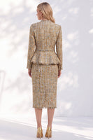 Load image into Gallery viewer, Golden V-Neck Tweed Bodycon 2-Piece Midi Prom Suits with Sleeves