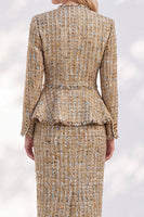 Load image into Gallery viewer, Golden V-Neck Tweed Bodycon 2-Piece Midi Prom Suits with Sleeves