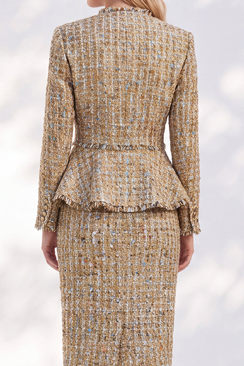 Load image into Gallery viewer, Golden V-Neck Tweed Bodycon 2-Piece Midi Prom Suits with Sleeves