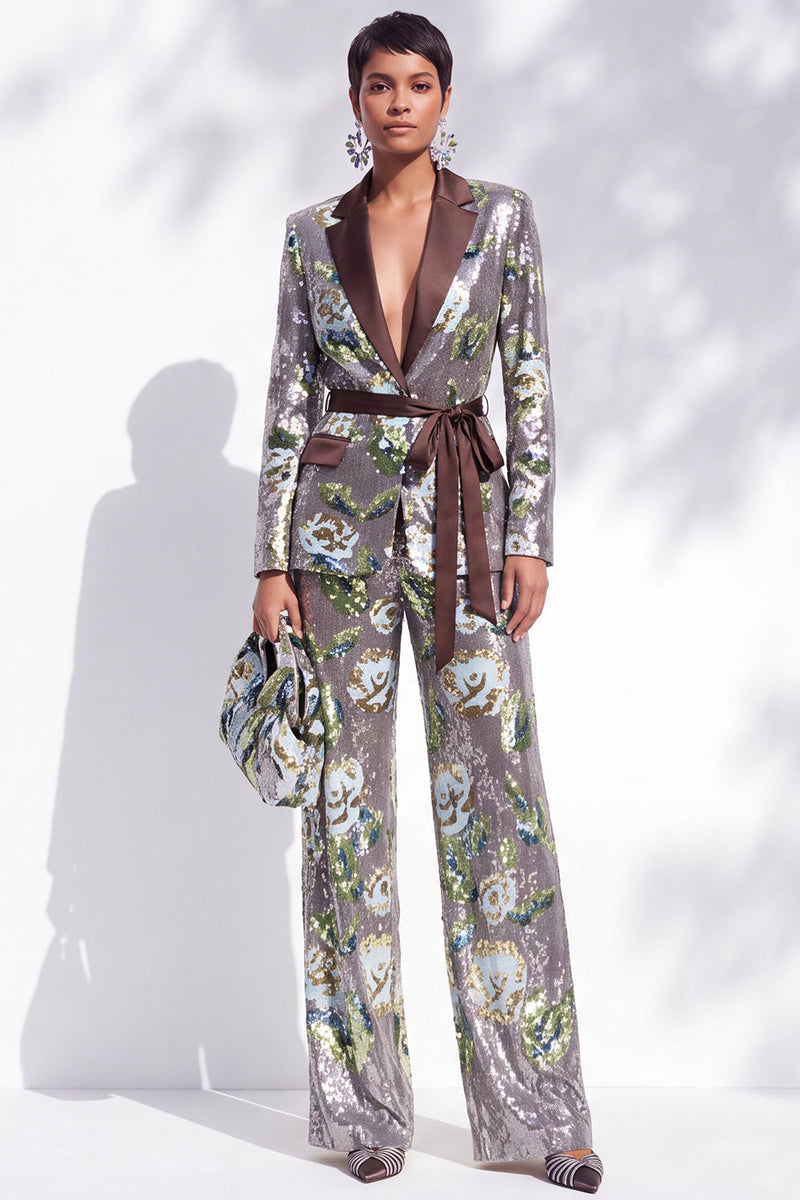 Load image into Gallery viewer, Sparkly Silver 2-Piece Notched Lapel Sequin Prom Suits with Sash