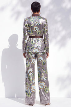 Sparkly Silver 2-Piece Notched Lapel Sequin Prom Suits with Sash