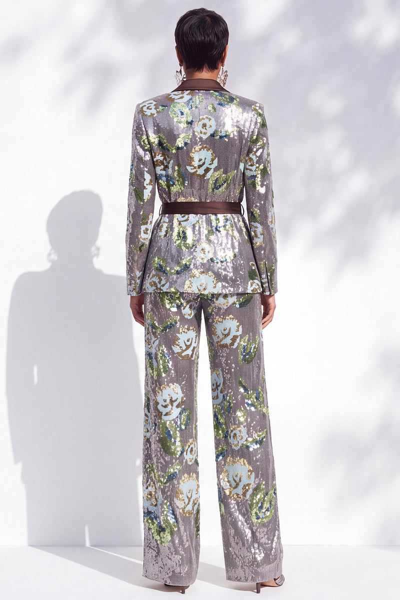 Load image into Gallery viewer, Sparkly Silver 2-Piece Notched Lapel Sequin Prom Suits with Sash