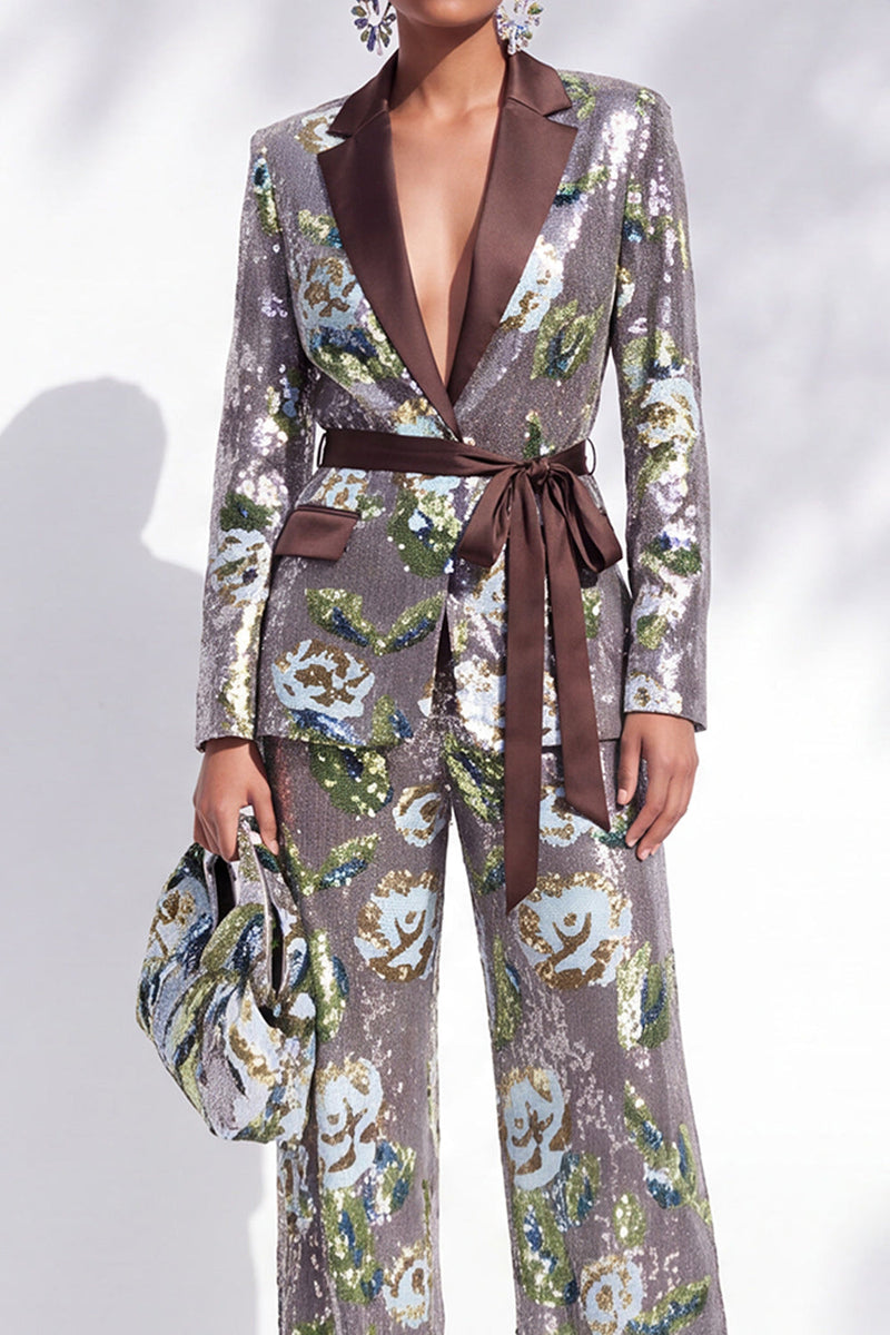 Load image into Gallery viewer, Sparkly Silver 2-Piece Notched Lapel Sequin Prom Suits with Sash