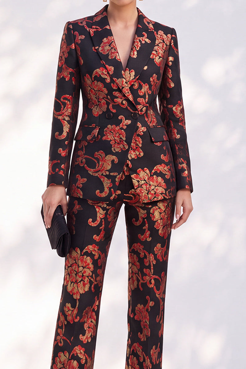 Load image into Gallery viewer, Black Peak Lapel 2-Piece Double Breasted Slim Fit Floral Prom Suits