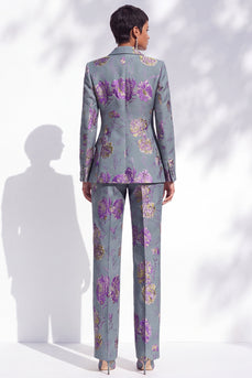 Floral Grey Blue One Button Peak Lapel 2-Piece Prom Suits with Pocket