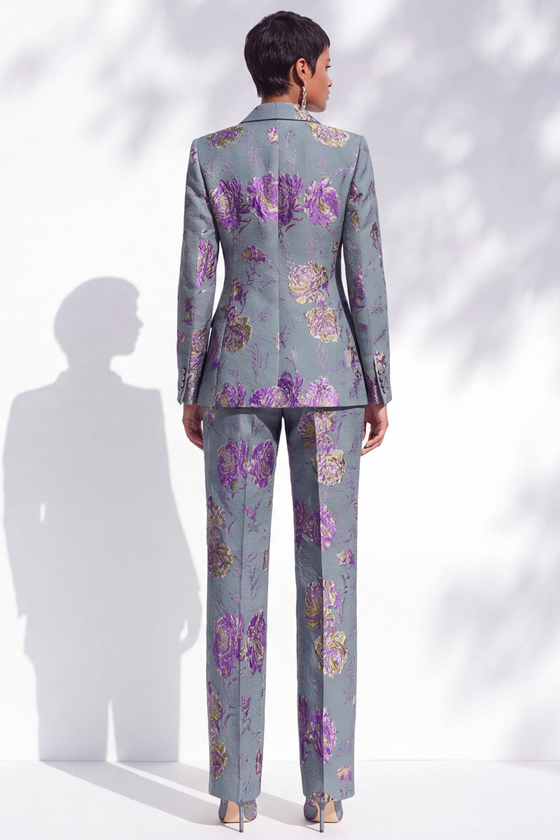 Load image into Gallery viewer, Floral Grey Blue One Button Peak Lapel 2-Piece Prom Suits with Pocket