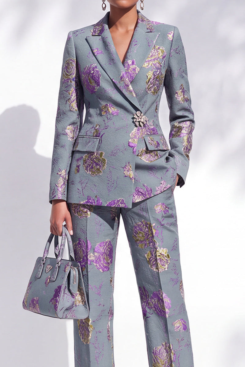 Load image into Gallery viewer, Floral Grey Blue One Button Peak Lapel 2-Piece Prom Suits with Pocket