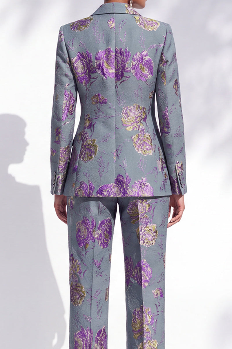 Load image into Gallery viewer, Floral Grey Blue One Button Peak Lapel 2-Piece Prom Suits with Pocket