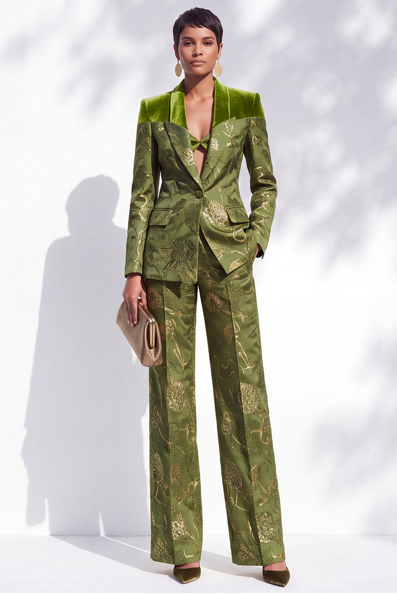 Load image into Gallery viewer, Olive Floral Peak Lapel One Button 2-Piece Long Sleeves Prom Suits