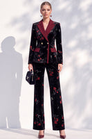Load image into Gallery viewer, Black Red Flower Peak Lapel Double Breasted 2-Piece Velvet Prom Suits