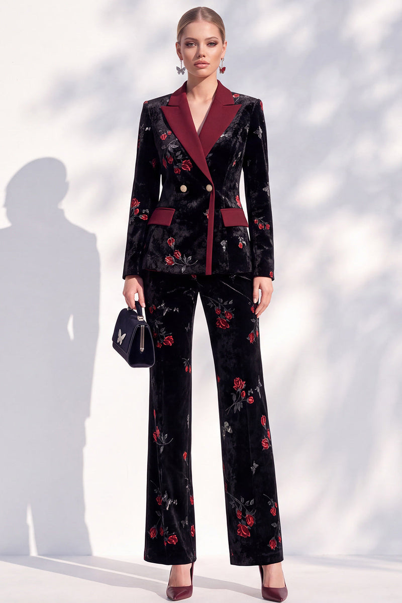 Load image into Gallery viewer, Black Red Flower Peak Lapel Double Breasted 2-Piece Velvet Prom Suits