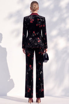 Black Red Flower Peak Lapel Double Breasted 2-Piece Velvet Prom Suits