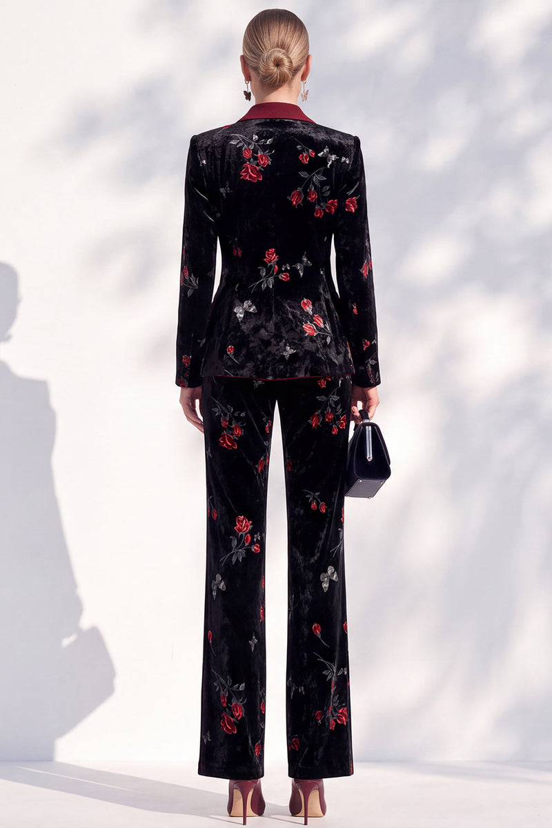Load image into Gallery viewer, Black Red Flower Peak Lapel Double Breasted 2-Piece Velvet Prom Suits
