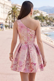 Pink One Shoulder A Line Floral Short Cocktail Dress