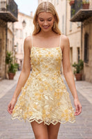 Load image into Gallery viewer, Sparkly Yellow A Line Lace Floral Short Cocktail Dress with Pearls