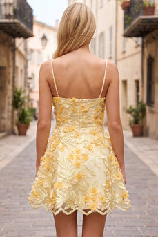 Sparkly Yellow A Line Lace Floral Short Cocktail Dress with Pearls